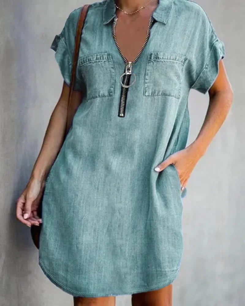 Cowboy-Inspired Denim Dress with Square Collar