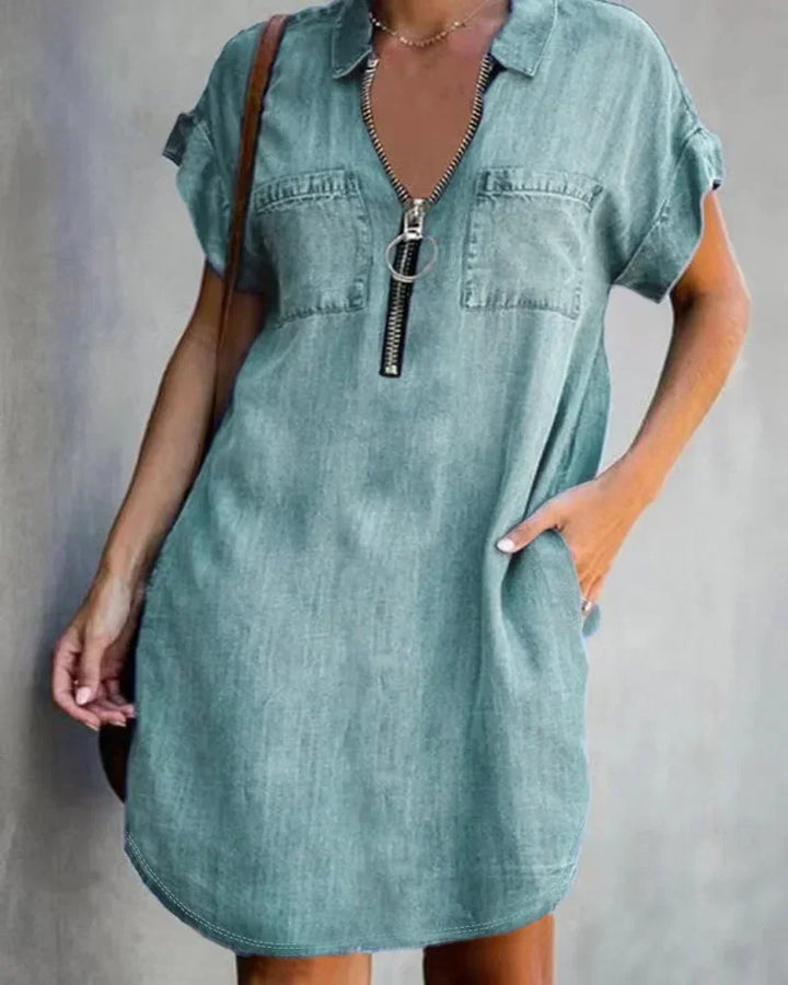 Cowboy-Inspired Denim Dress with Square Collar