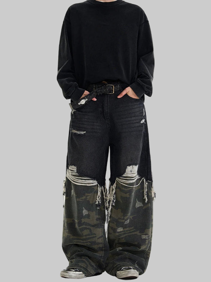 Camouflage Spliced Denim Pants