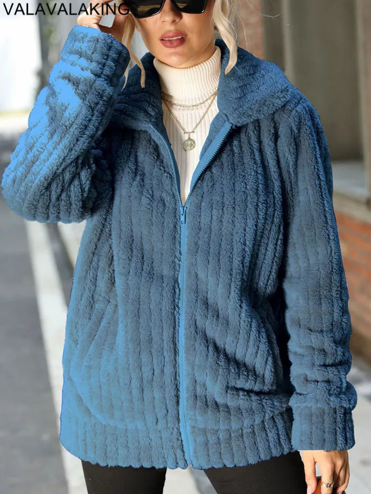 Thick Plush Warm Long Turndown Collar Jacket