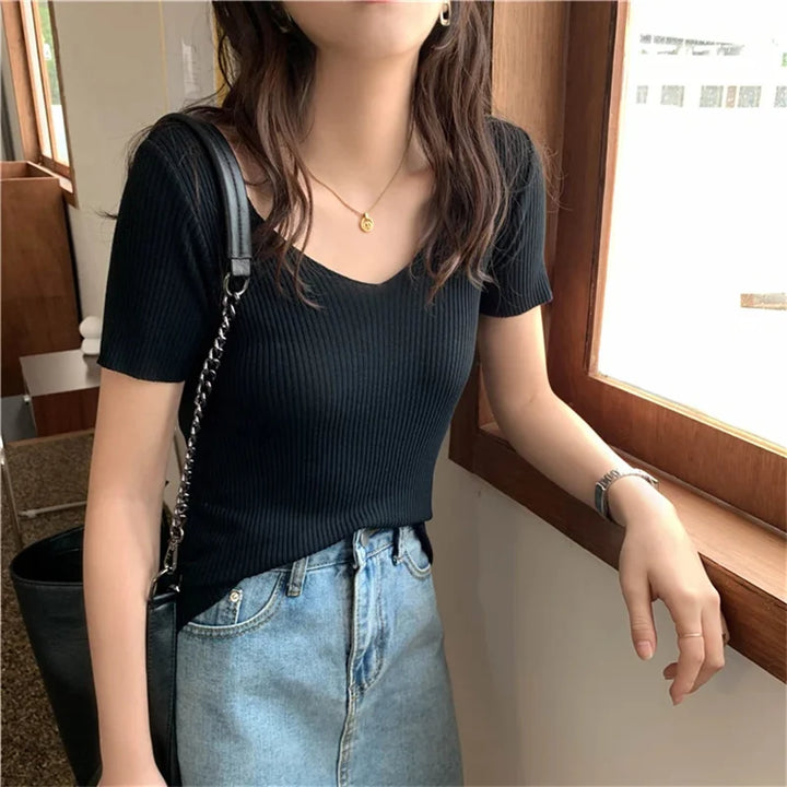 V-Neck Ribbed Knit Summer Sweater
