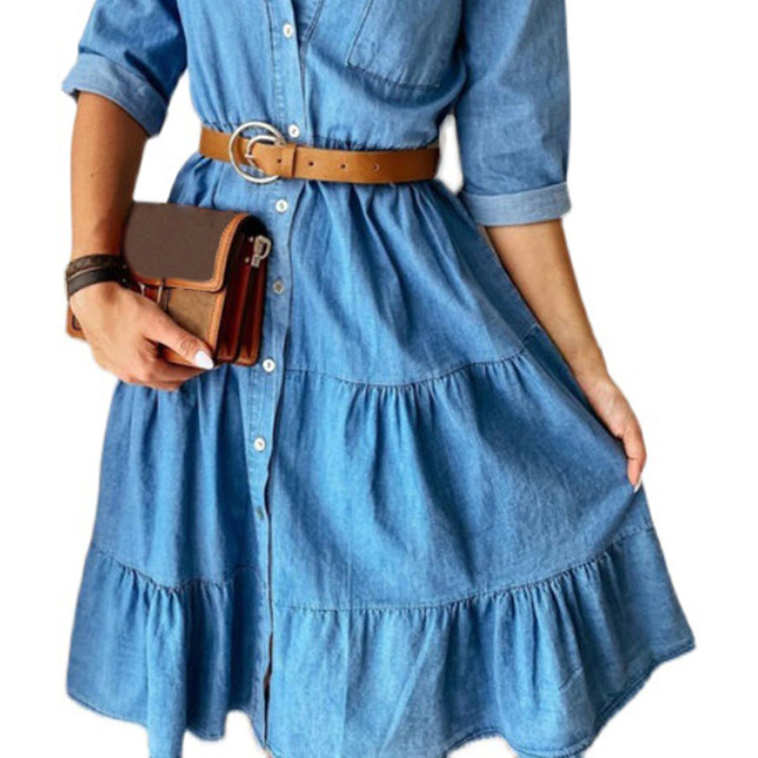 Flounced Edge Denim Solid Color Dress