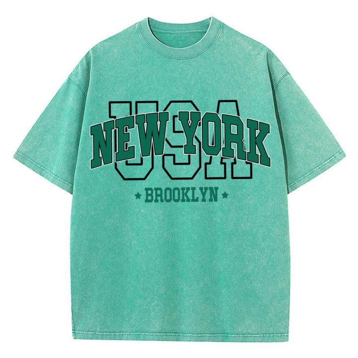 Cotton Washed O-Neck Brooklyn Print Tees