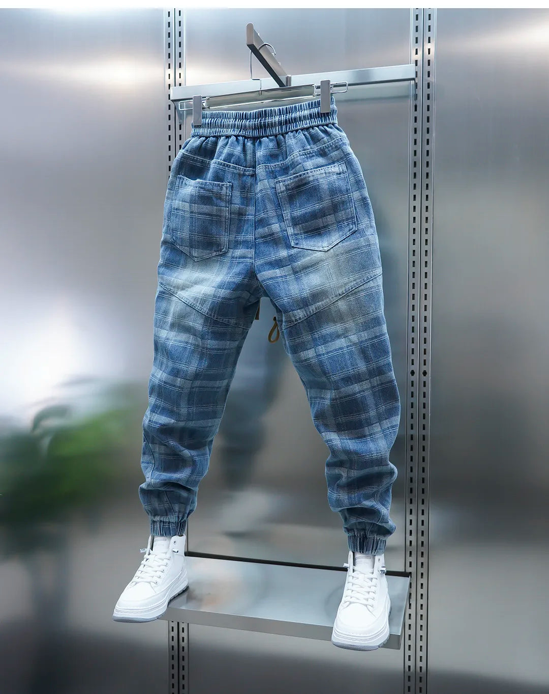 Plaid Patchwork Jogger Denim Pants