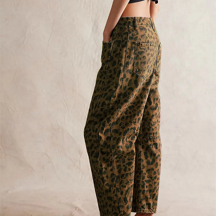 Y2K Leopard Print Barrel Jeans - Mid Rise Wide Leg Baggy