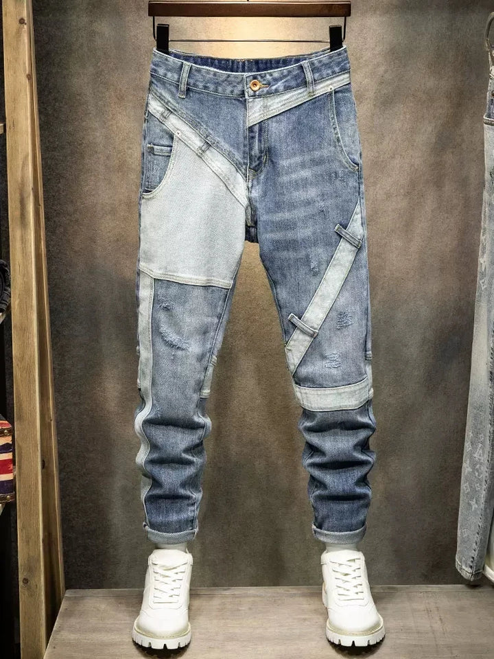 Men Retro Ripped Spliced Designer Denim Jeans
