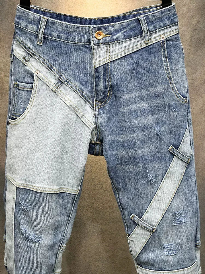 Men Retro Ripped Spliced Designer Denim Jeans