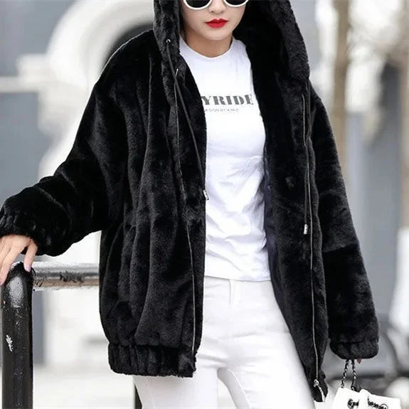 Trendy Mid-Length Fleece Hooded Jacket