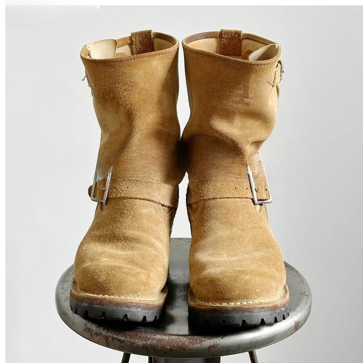 Genuine leather low-heel Chelsea motorcycle boots with buckle
