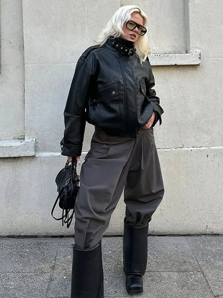 Stand Elastic Hem Leather Coat