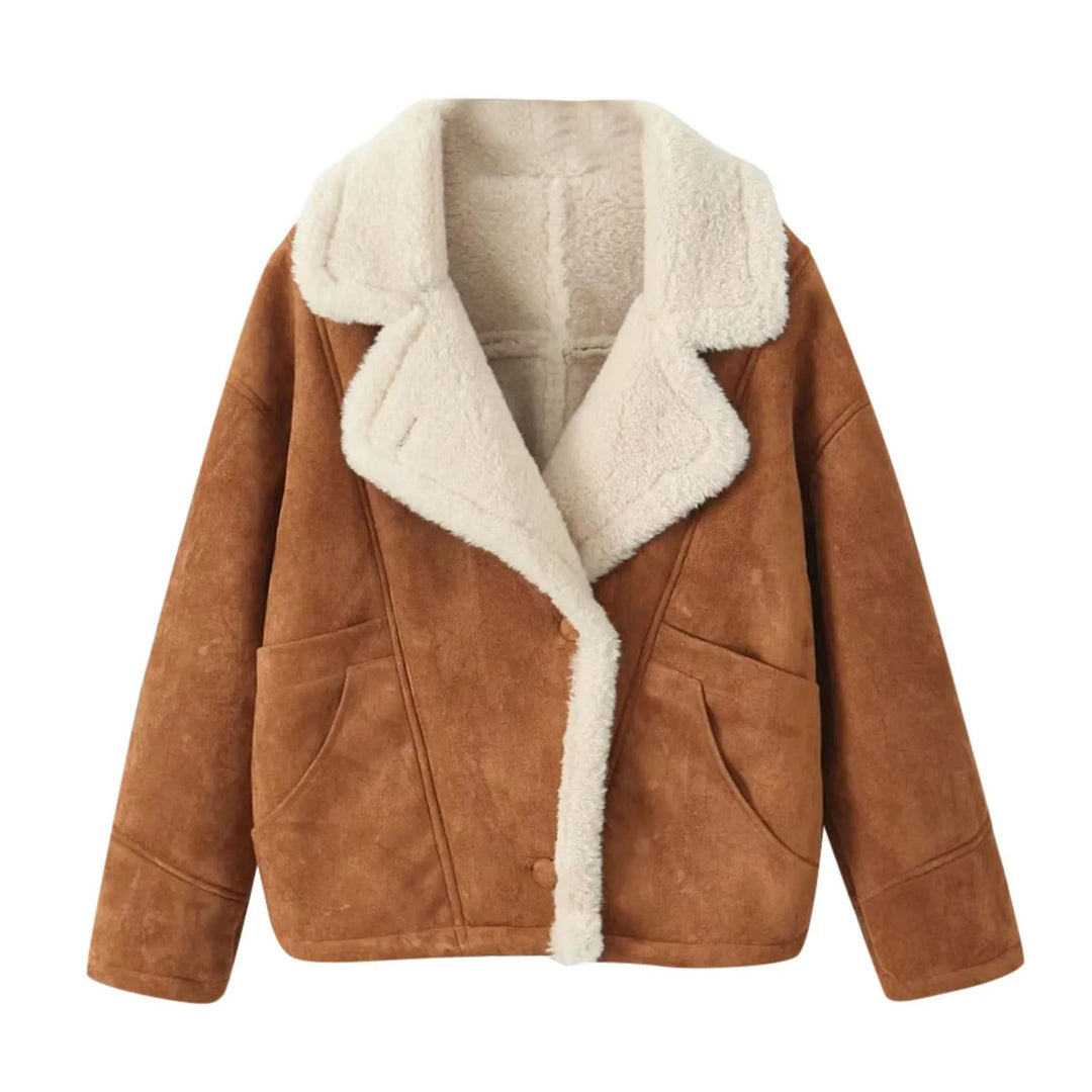 LANA ™| Fleece Lined Retro Bomber Jacket Lambs wool Lapel Overcoat