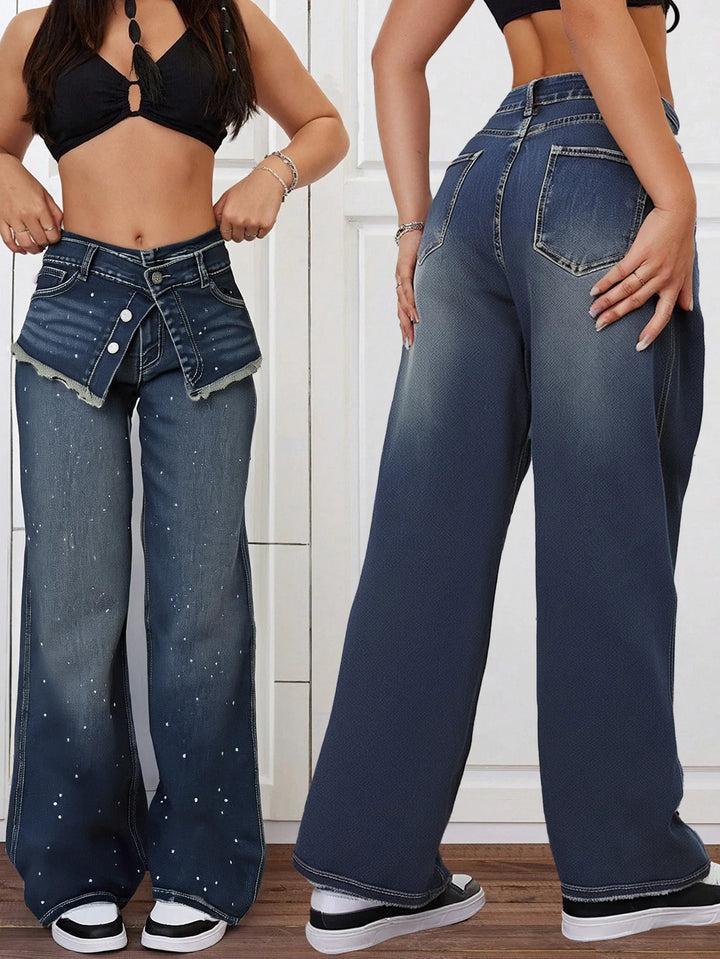 Chic Wide-Leg Jeans with Rhinestone Accents