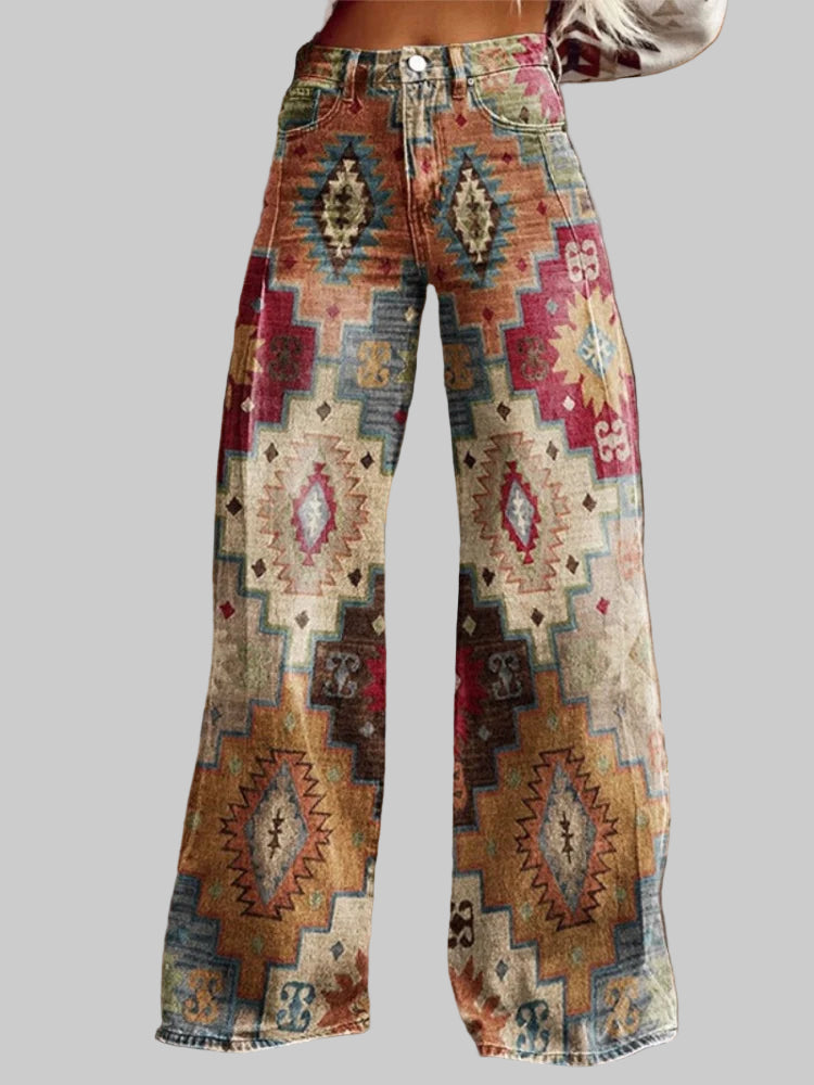 3D Digital Print Color Block Wide Leg Pants