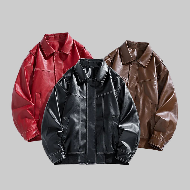 Retro Lapel Collar Loose Fit PU Leather Jacket