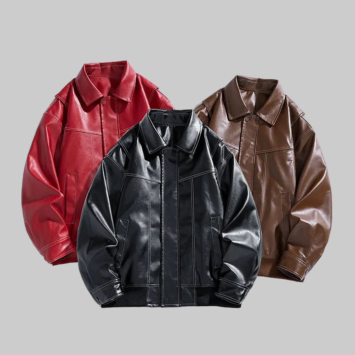 Retro Lapel Collar Loose Fit PU Leather Jacket