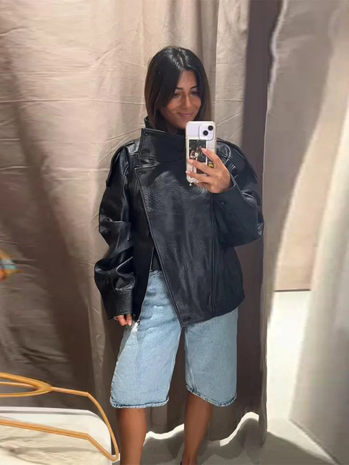 Stand Collar Full Sleeve Button-Up Leather Jacket