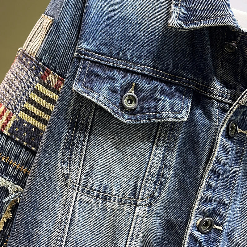 Retro Blue Patched Denim Jacket for Men