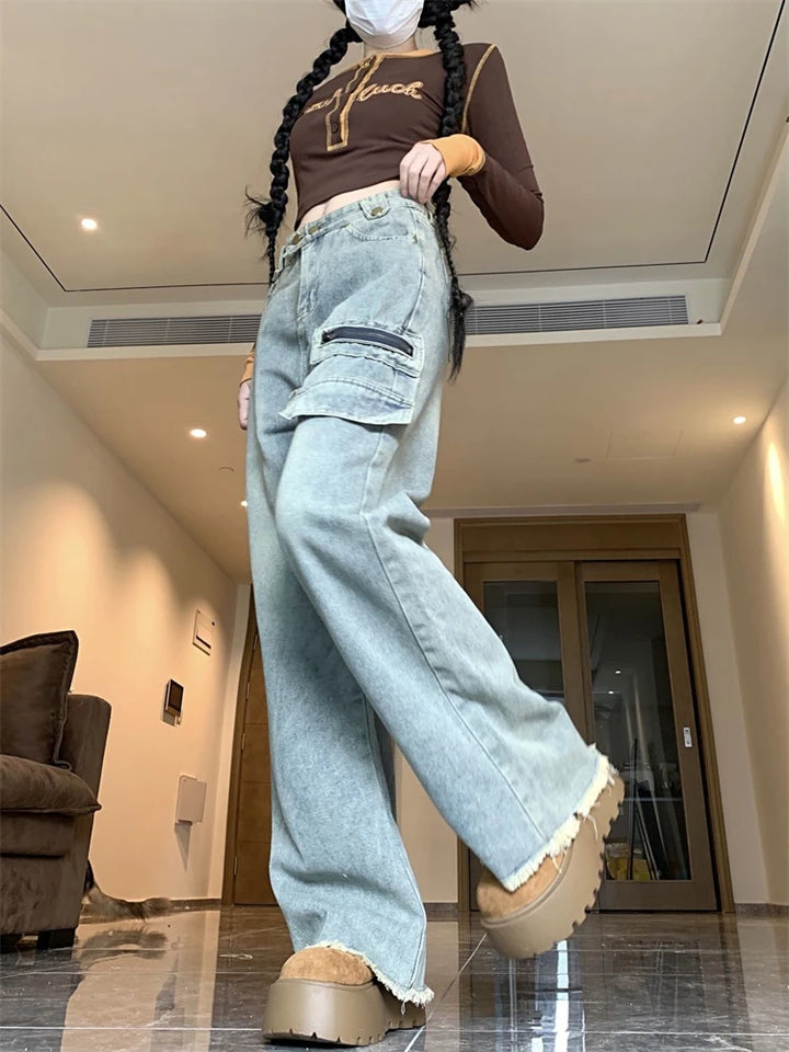 Double Button Wide Leg Retro Jeans