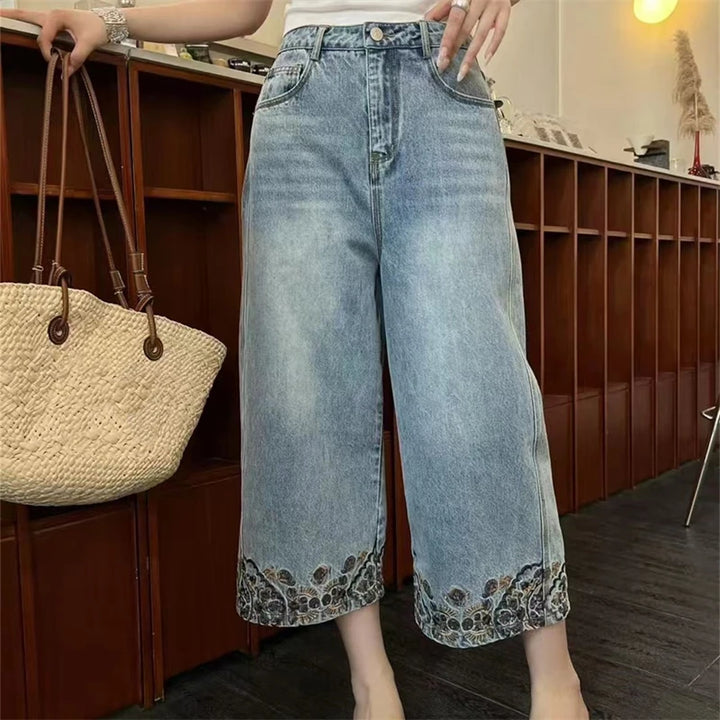 Embroidery Edge Design Wide Legs Denim Jeans