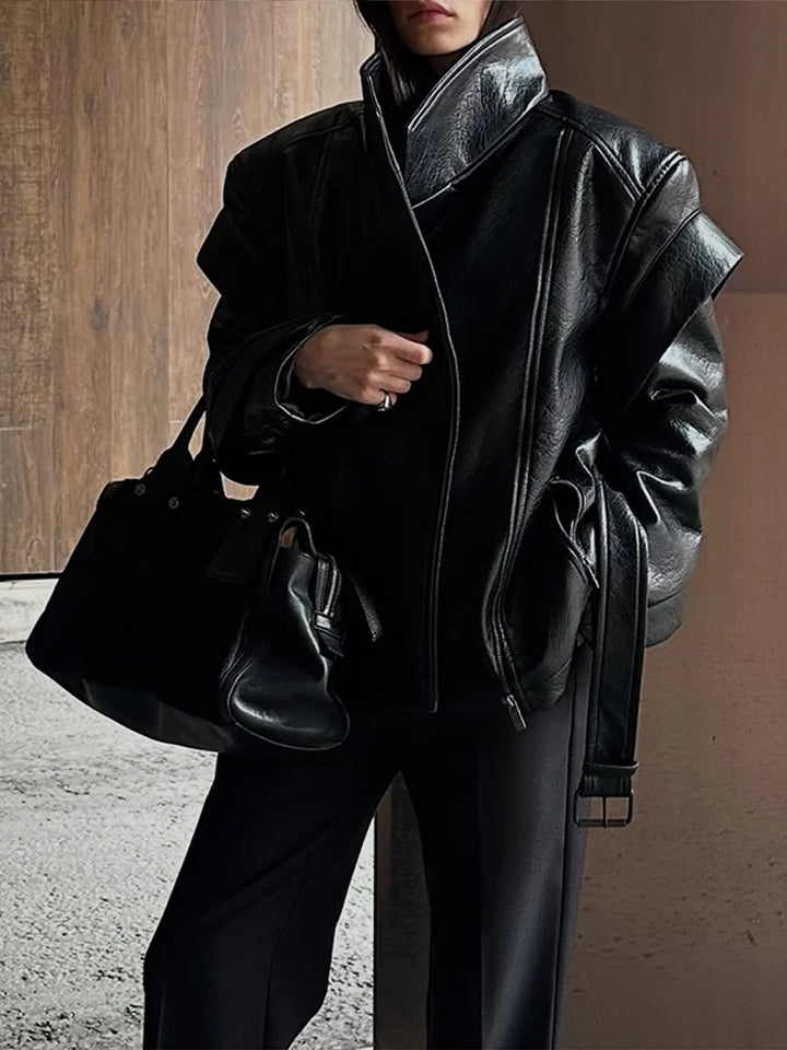 Lace Up Zipper Turn-down Collar Leather Jacket
