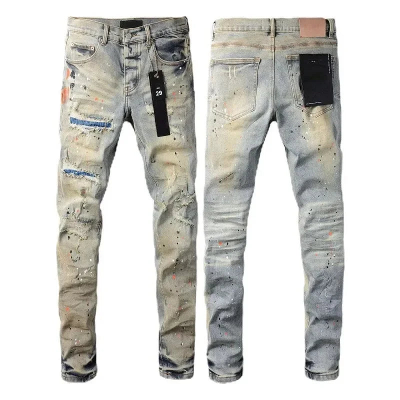Retro Punk Style Slim Fit Elastic Printed Jeans