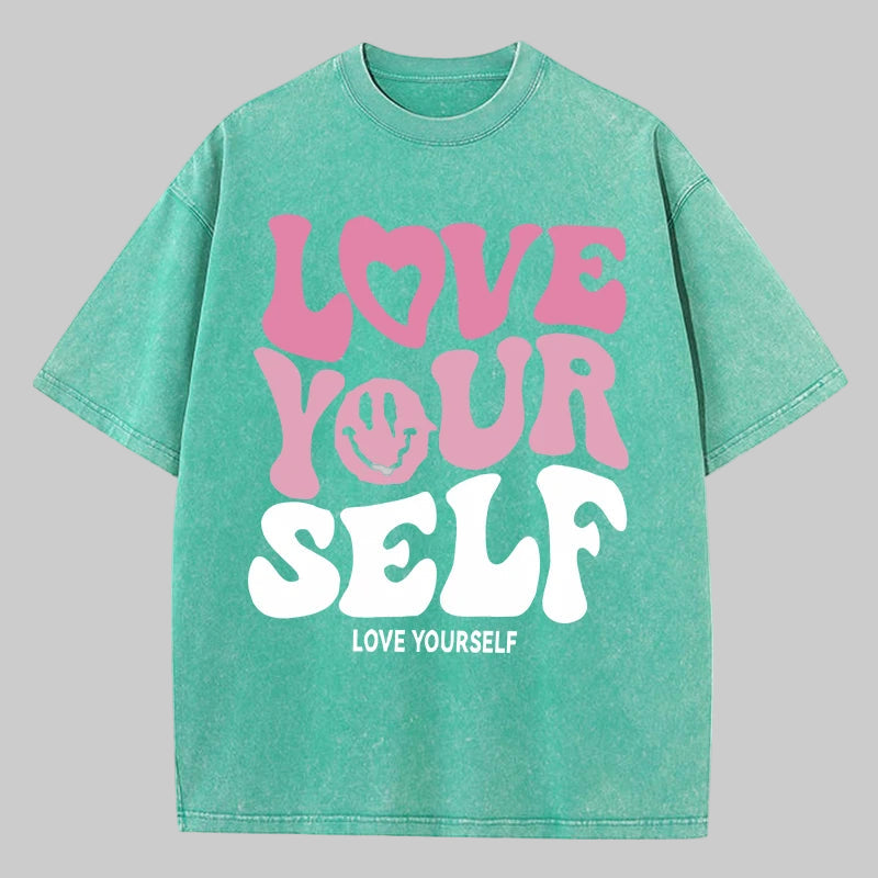 Washed "Love Your Self" Letter Print T-Shirt