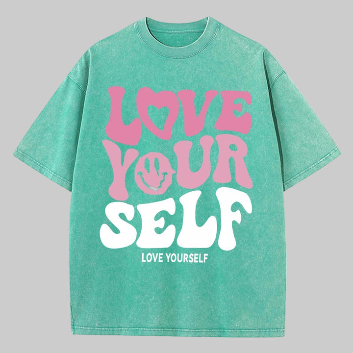 Washed "Love Your Self" Letter Print T-Shirt