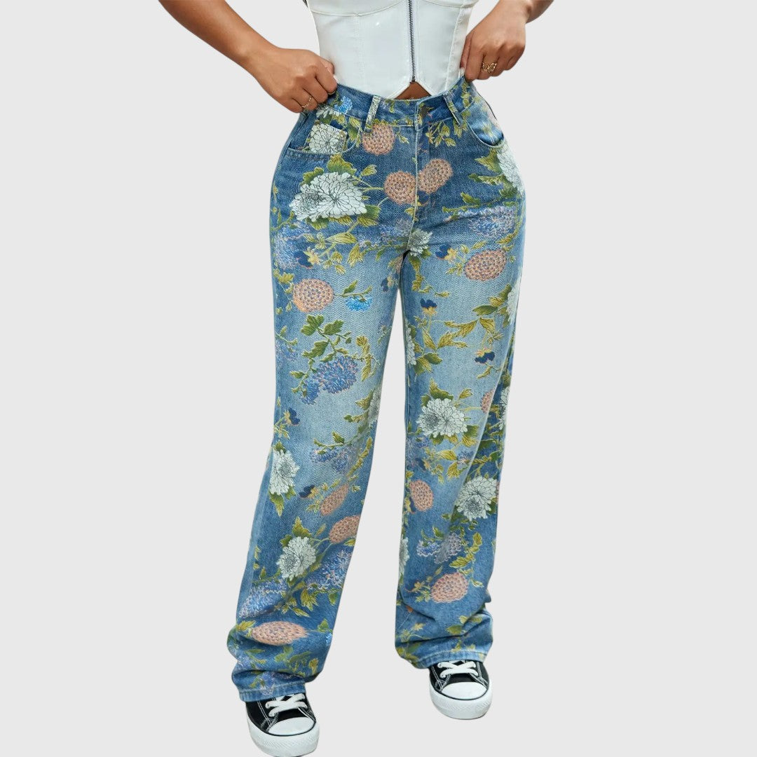 Floral Print High-Waisted Cargo Jeans