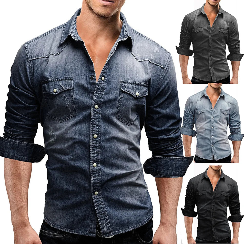 Solid Color Slim Fit Denim Shirt