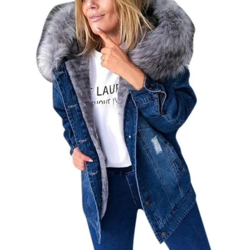 Retro Winter Denim Single-Breasted Hooded Jacket