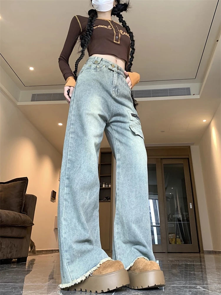 Double Button Wide Leg Retro Jeans