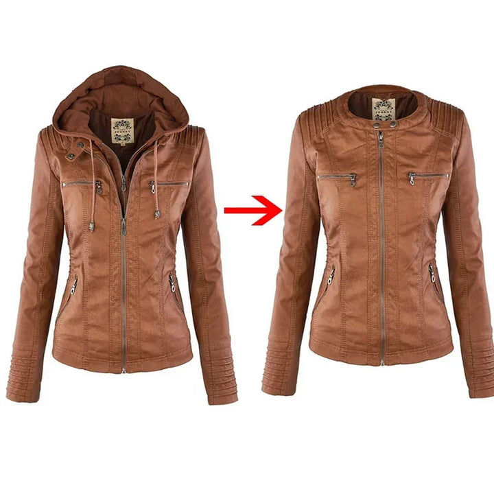 Zipper and Hoodie Faux Leather Motorcycle Jacket