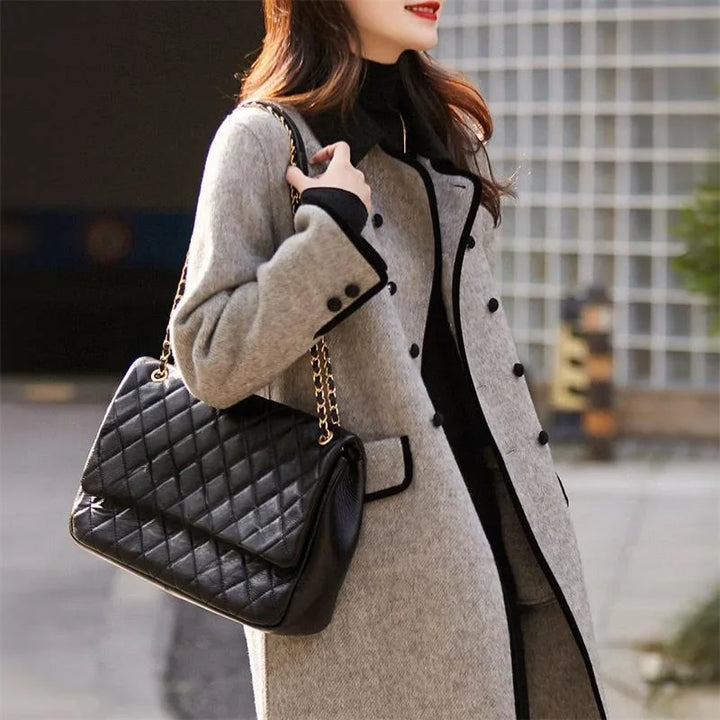 Color-Block Small Lapel Elegant Woolen Coat