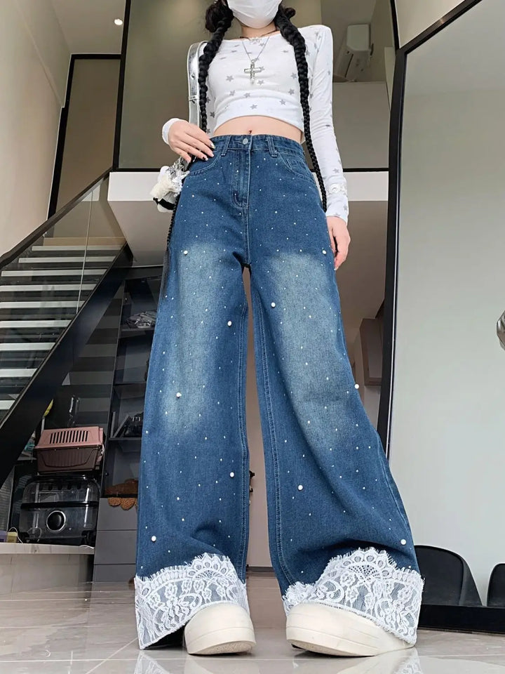 Lace-Trimmed Wide Leg Jeans
