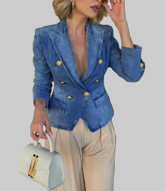 Double-Breasted Slim Fit Denim Jacket Suit