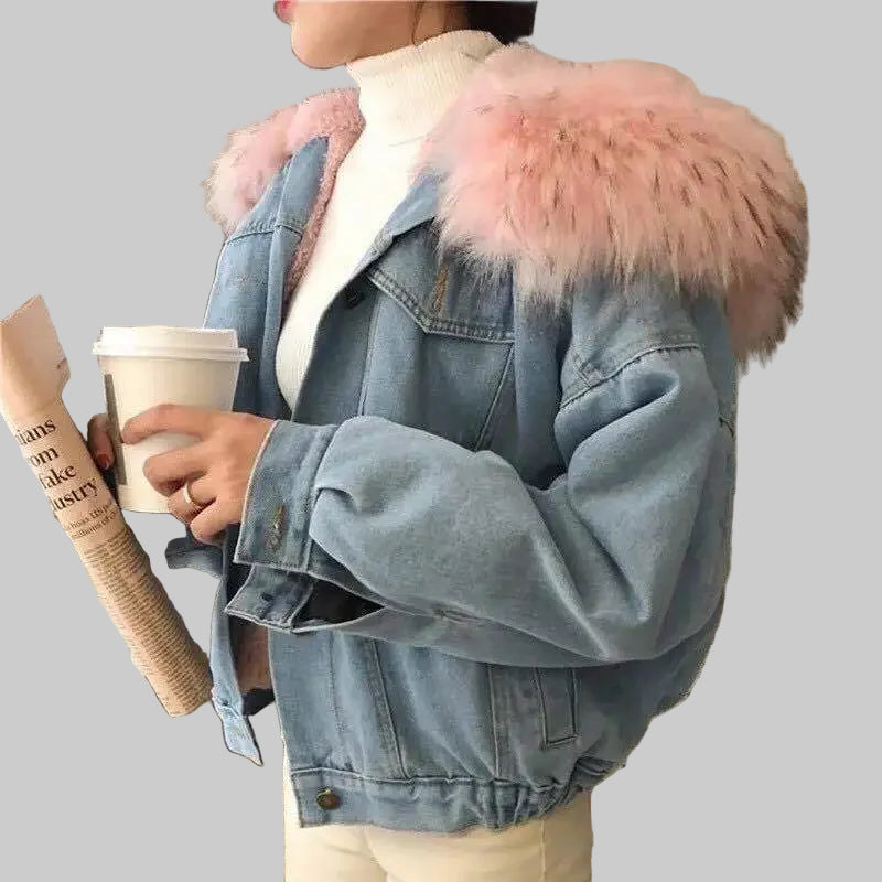 Single Breasted Fur Hooded Denim Coat