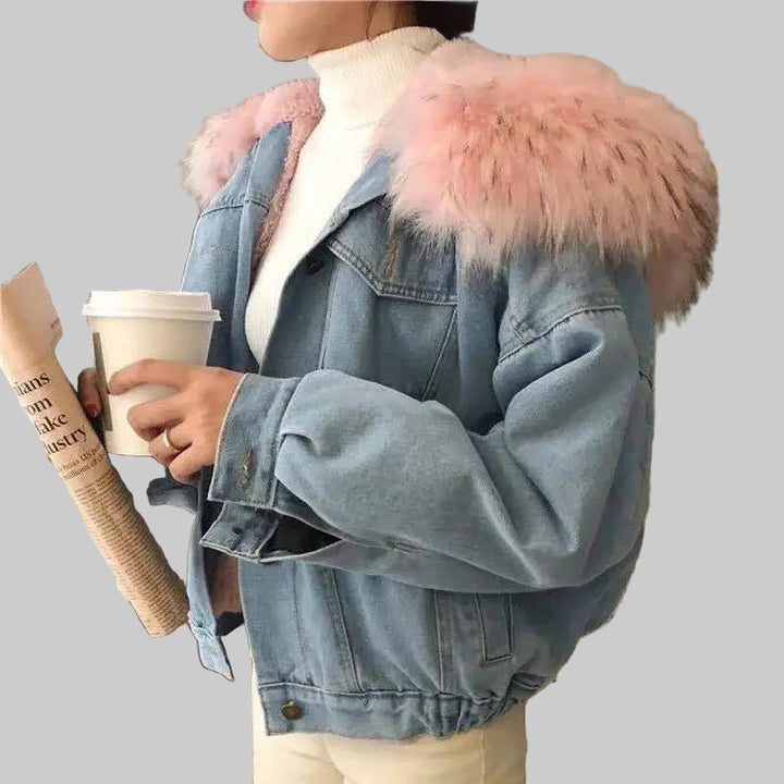 Single Breasted Fur Hooded Denim Coat