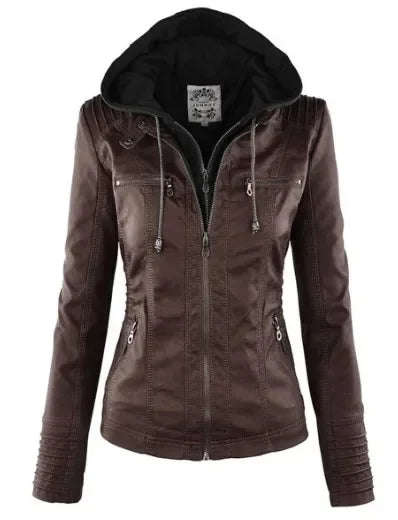 Zipper and Hoodie Faux Leather Motorcycle Jacket