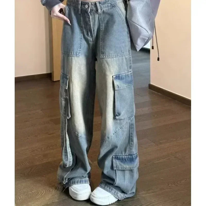 Distressed Washed Cargo Jeans with Spliced Pockets