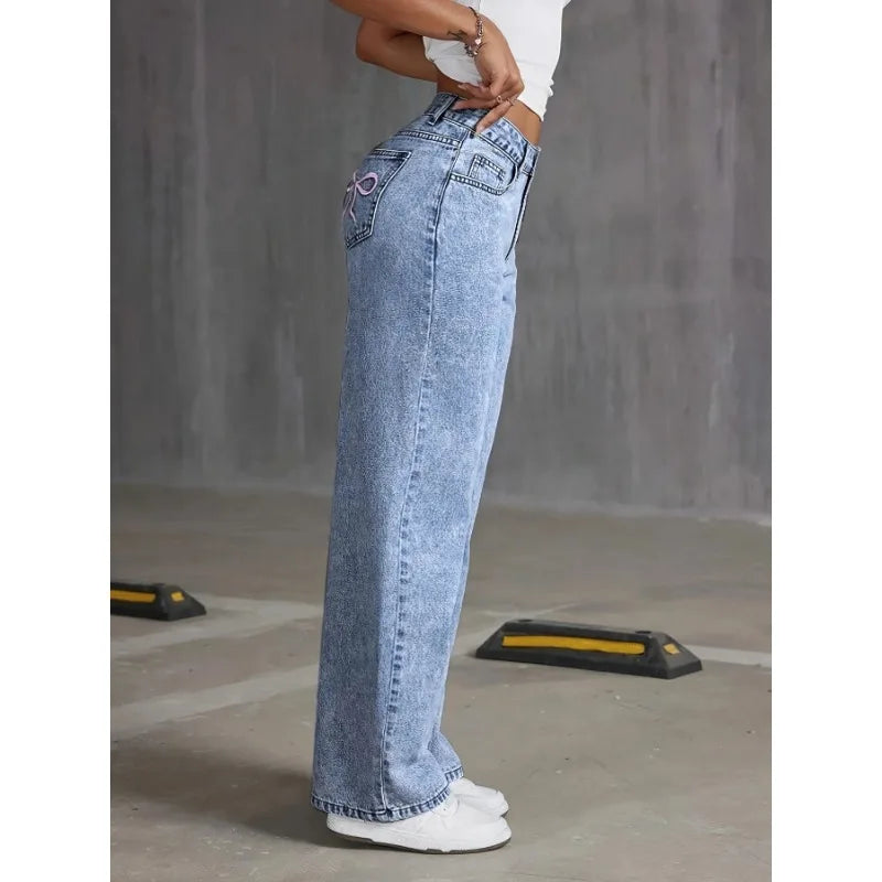 High-Waisted Wide Leg Denim Jeans with Bow Embroidered Pockets