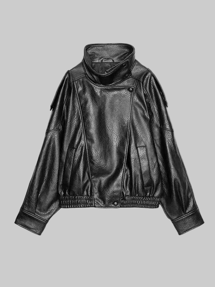 Stand Collar Full Sleeve Button-Up Leather Jacket