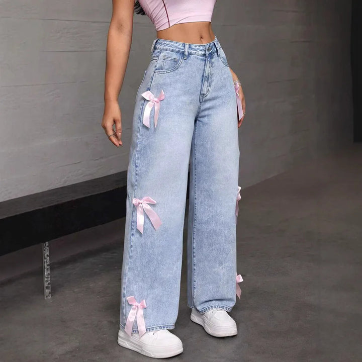 Vintage Distressed High-Waisted Jeans with Bow Detail