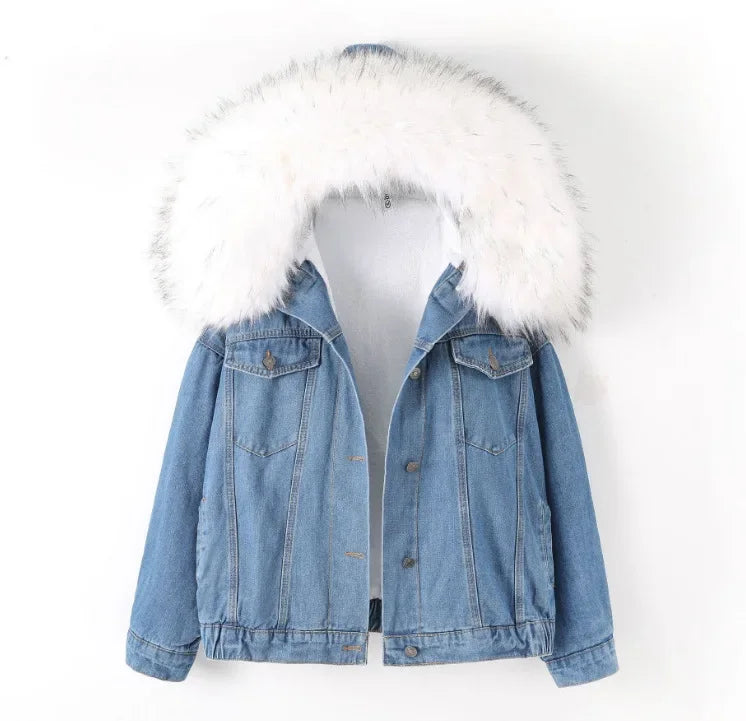 Single Breasted Fur Hooded Denim Coat
