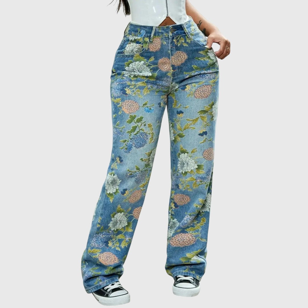 Floral Print High-Waisted Cargo Jeans