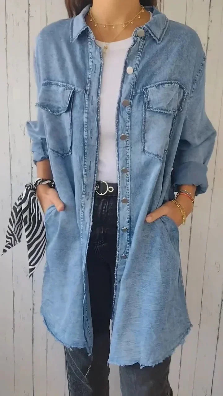 Casual Long Denim Jacket with Ripped Pockets