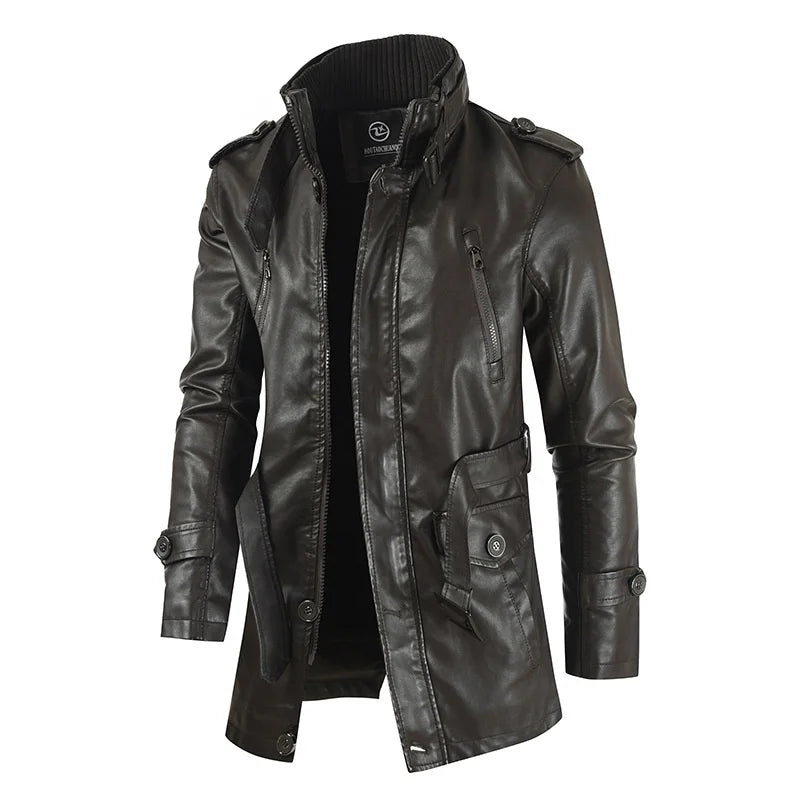 Leather Winter Thick Plush Lining Warm Long Coat