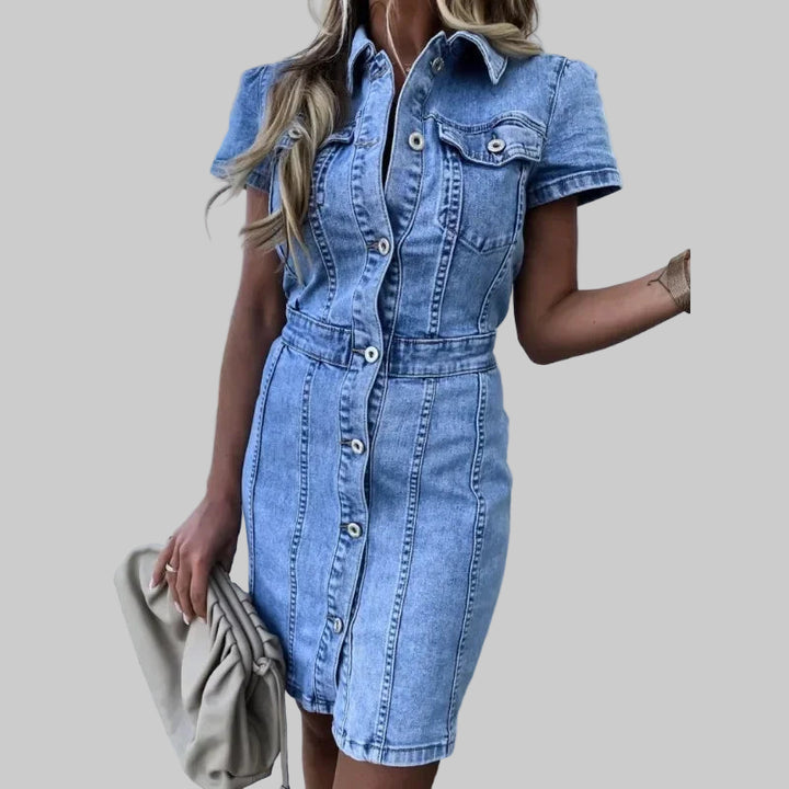 Mid-Length Retro Slim-Fit Denim Dress