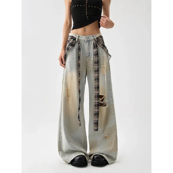 High-Waisted American Retro Loose Fit Ripped Jeans