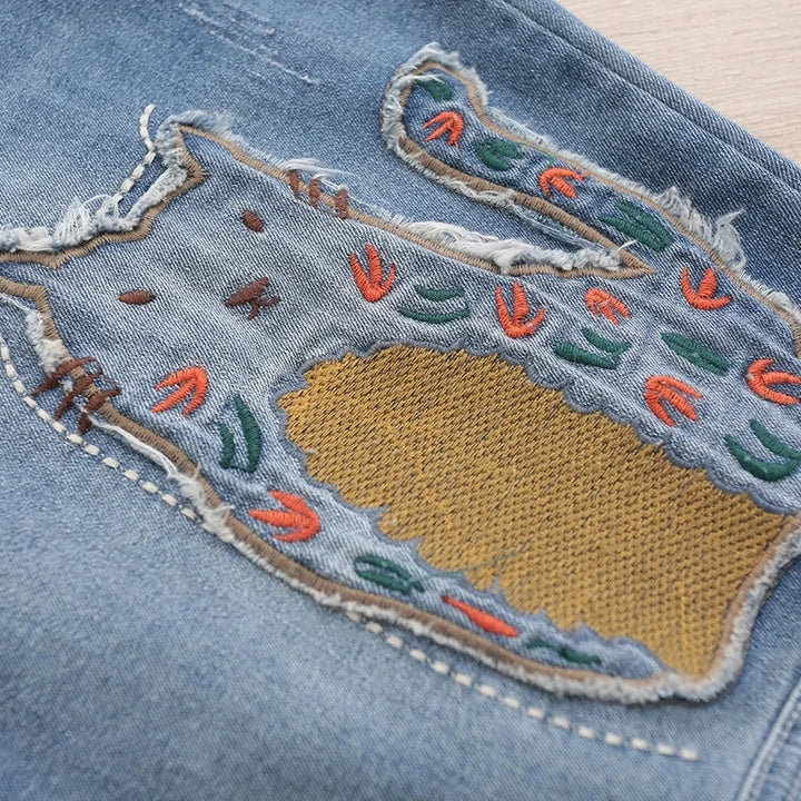 High-Waisted Embroidered Patch Loose Jeans