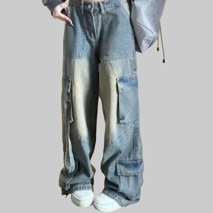 Distressed Washed Cargo Jeans with Spliced Pockets